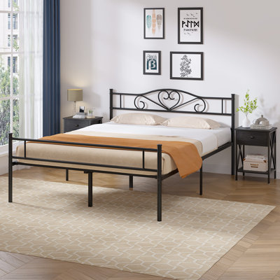 Ensemble de chambre à coucher avec cadre de lit en métal 3 pièces avec 2 tables de chevet, lit plateforme noir avec tables d'appoint avec rangement, tables de chevet à tiroirs et tablettes ouvertes pour la chambre à coucher, style industriel campagnard