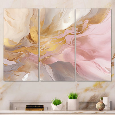 Exquis symphonie abstraite rose et pastel doré sur toile, 3 pièces