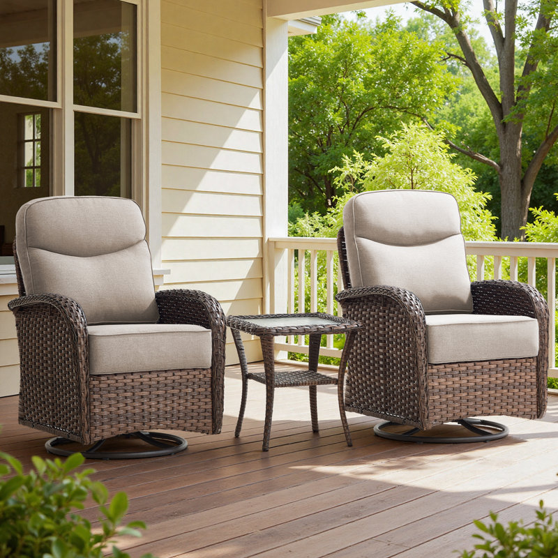 Ensemble 3 pièces de chaises pivotantes en osier de 6 po avec table d'appoint Alakai, Beige, Brun