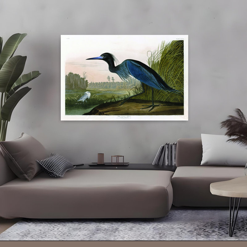 Grue bleue, oiseau abstrait, paysage côtier, art, H 32 po x l 48 po