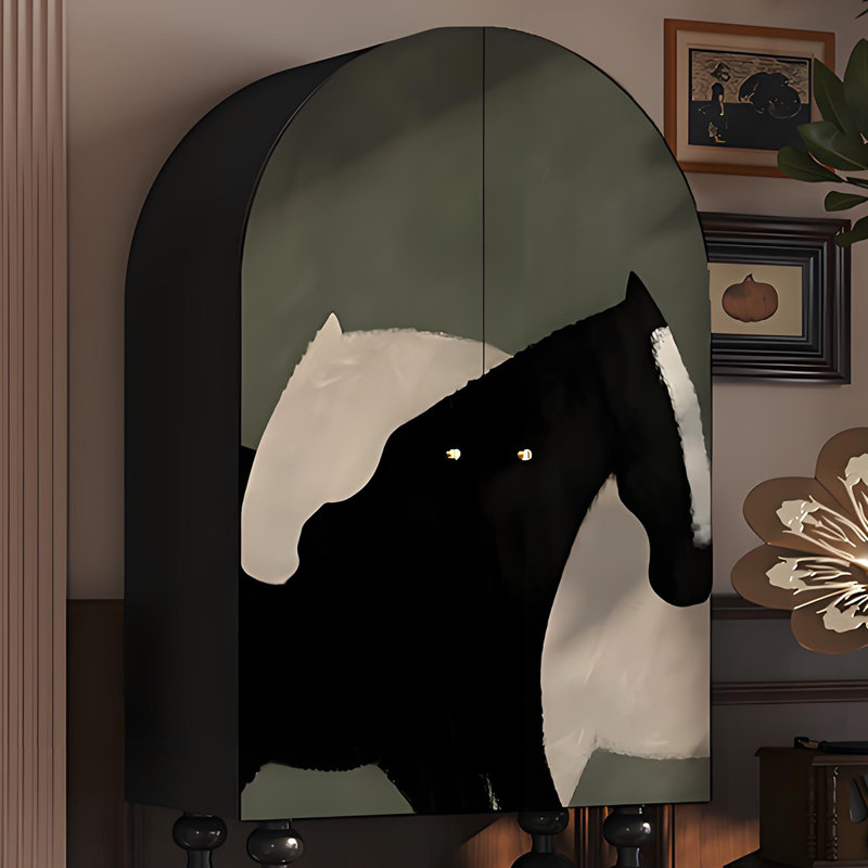 Armoire de rangement en bois massif avec motif de cheval, Noir