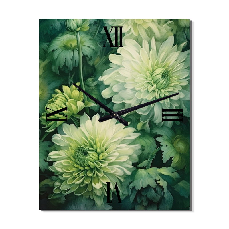 Horloge murale florale verte et blanche Chrysanthemums Melody II, Grand