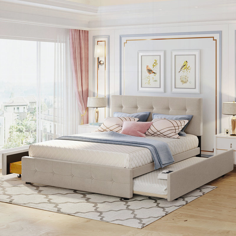 Lit plateforme tapissier avec 2 tiroirs et 1 lit gigogne très grand, Beige
