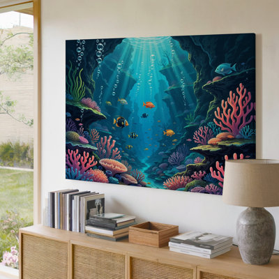 Colorful Coral Reef And Tropical Fish Underwater Ocean Scene Canvas Wall Art Print For Living Room, Bedroom, Office, Hallway, Entryway, Gallery Wall And Modern Home Decor