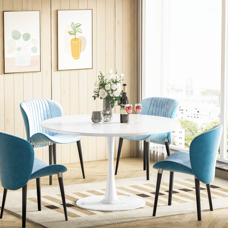 Indars Round Metal Base Dining Table, White, 42.1" W x 42.1" L