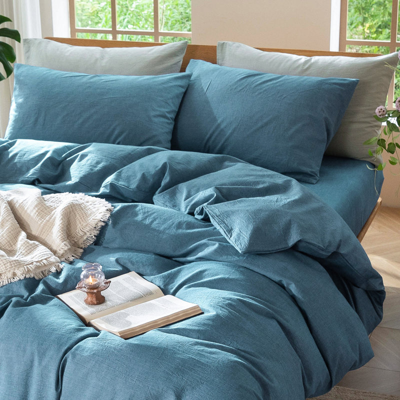 Ensemble de housse de couette 100% coton délavé MooMee, Housse de couette pour très grand lit et 2 taies , Bleu paon