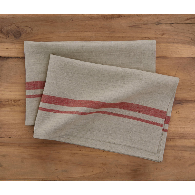 French Stripe - 100% Pure Linen Kitchen Towel, Red and Natural