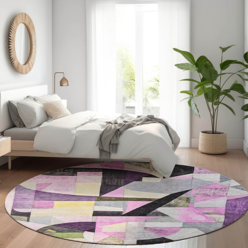 Tapis mauve lavable à la machine intérieur / extérieur Xhevrie, Rond 8 pi