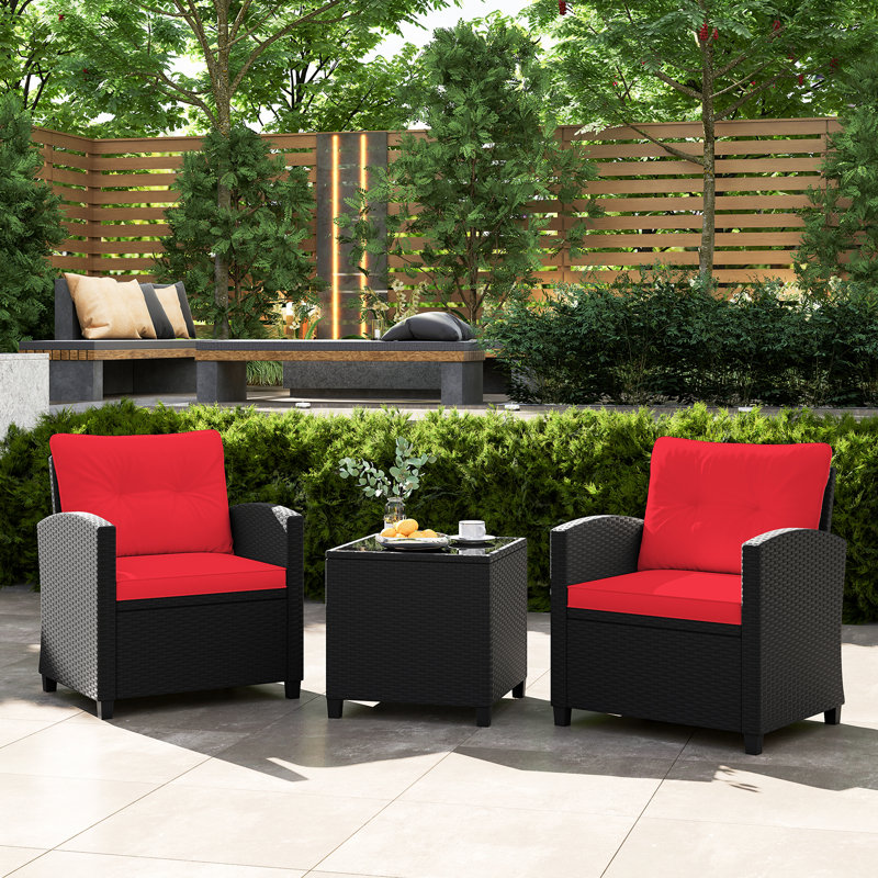 Ensemble de 3 meubles de patio avec coussins lavables pour table basse en verre trempé, Rouge