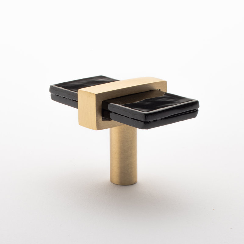 2” Length Rectangle Knob, Satin Brass/Black