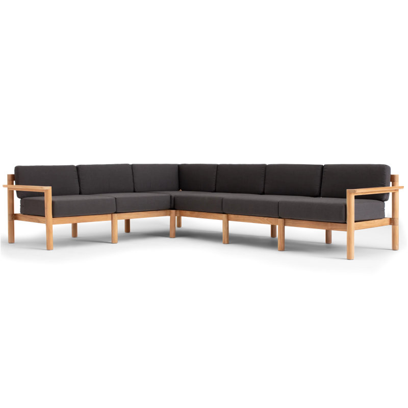 Haven 6-Piece Teak Outdoor Sectional with Sunbrella Cushions and Wooden Armrest, Sunbrella Coal