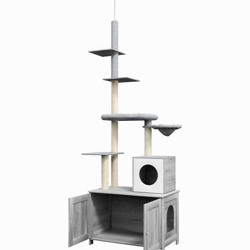 Tour pour chat grise avec compartiment pour litière. Multifonctionnel, lit, grattoirs et plateformes pour enclos intérieur pour chats - gris. Élégant
