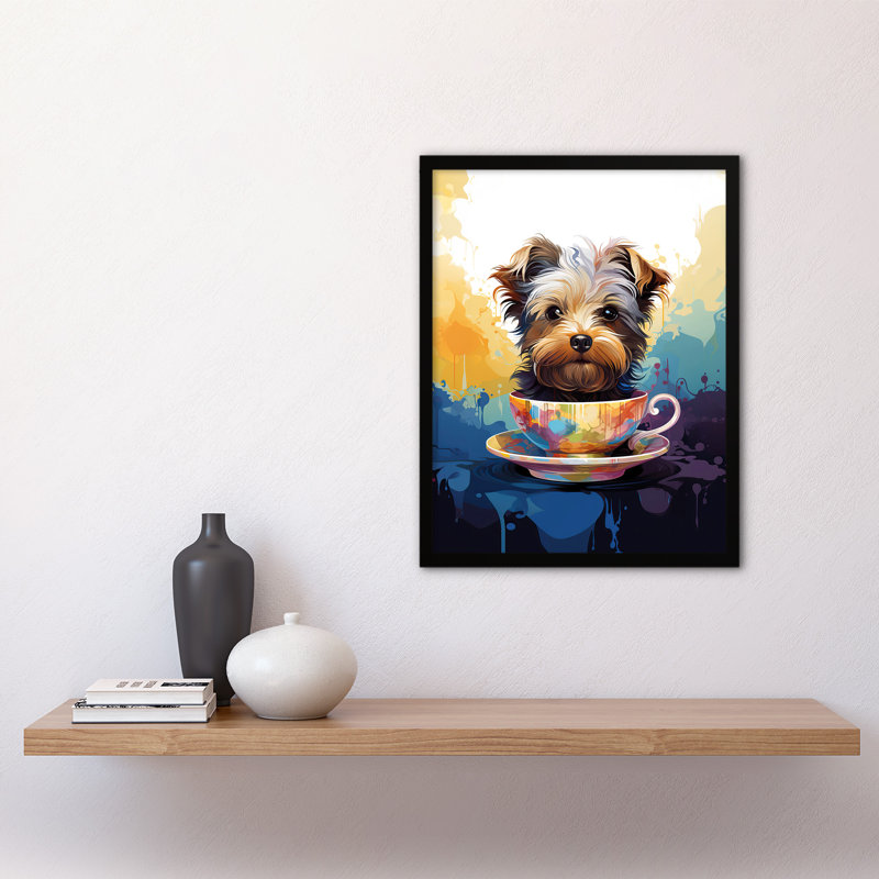 Tea Cup Yorkshire Terrier Dog Blue Purple Orange - Single Picture Frame Print