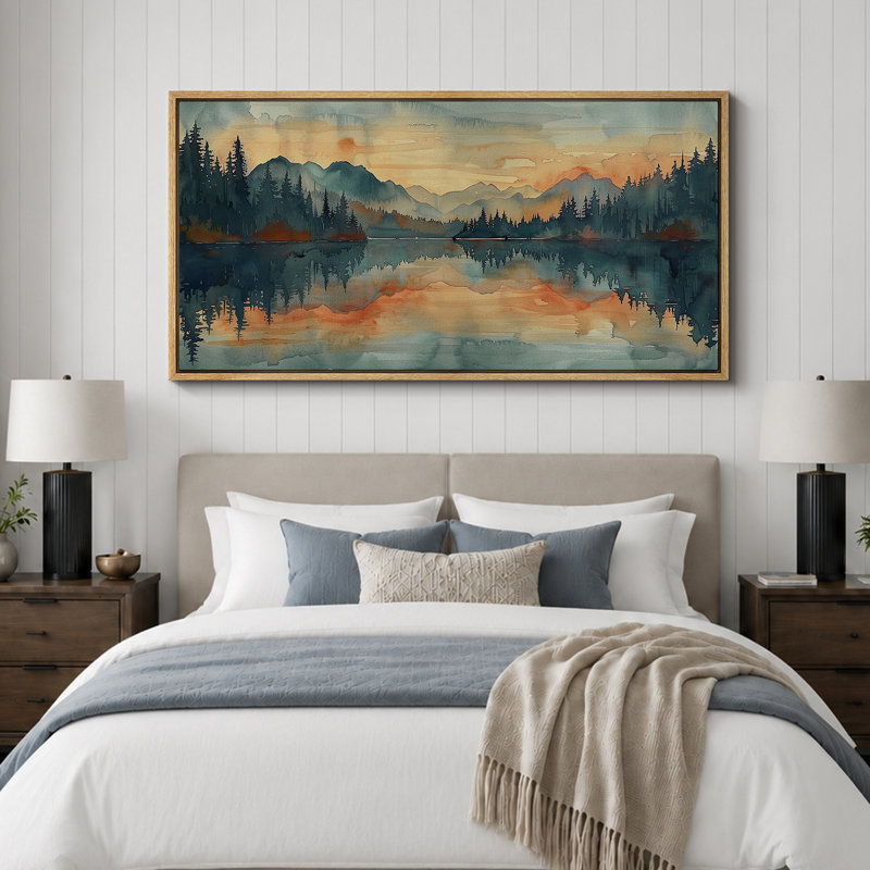 «Abstract Landscape», orange, vert, paisible, lac, forêt, très grande œuvre d'art, photo murale encadrée, H 30 po x l 60 po