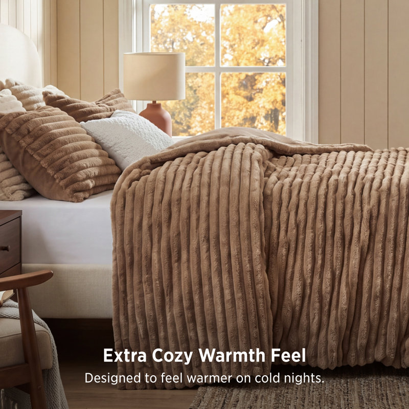 Bedsure Queen Size Comforter Sets - 3-Piece Double-Sided Fleece Fluffy Warm Taupe Bedding, Cozy Striped Aesthetic for Modern & Guest Bedrooms, All-Season Luxury Home Decor