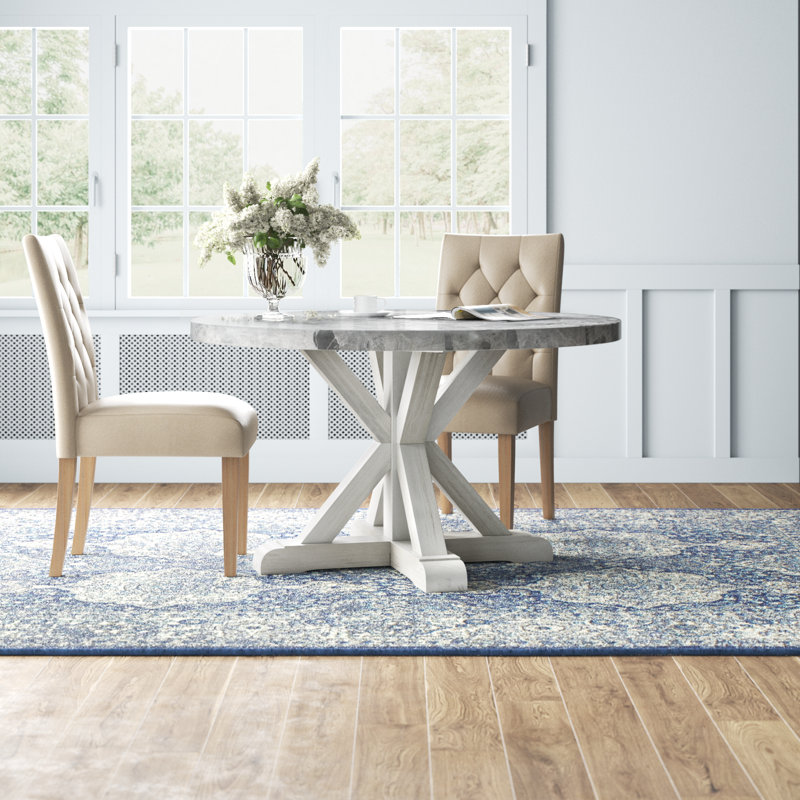 Table de salle à manger à piédestal en marbre véritable 52 po Amaryon, Plateau gris / base blanche