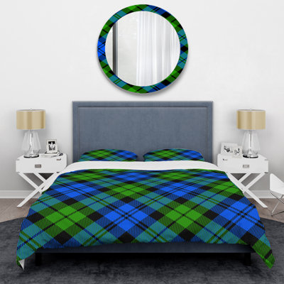 Tartan à carreaux vert et bleu - Ensemble de housse de couette abstrait - Microfibre de polyester
