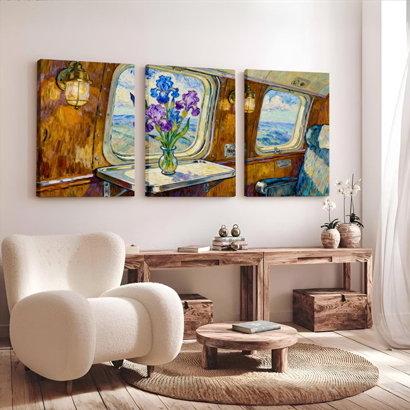 Ensemble de 3 tableaux sur toile représentant un vase fleuri dans une fenêtre de train, H 18 po x l 36 po