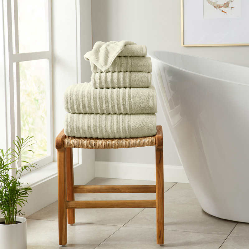 Essuie-mains 100% coton à nervures zéro torsion (ensemble de 6), Vert sauge, Ensemble 6 serviettes de bain