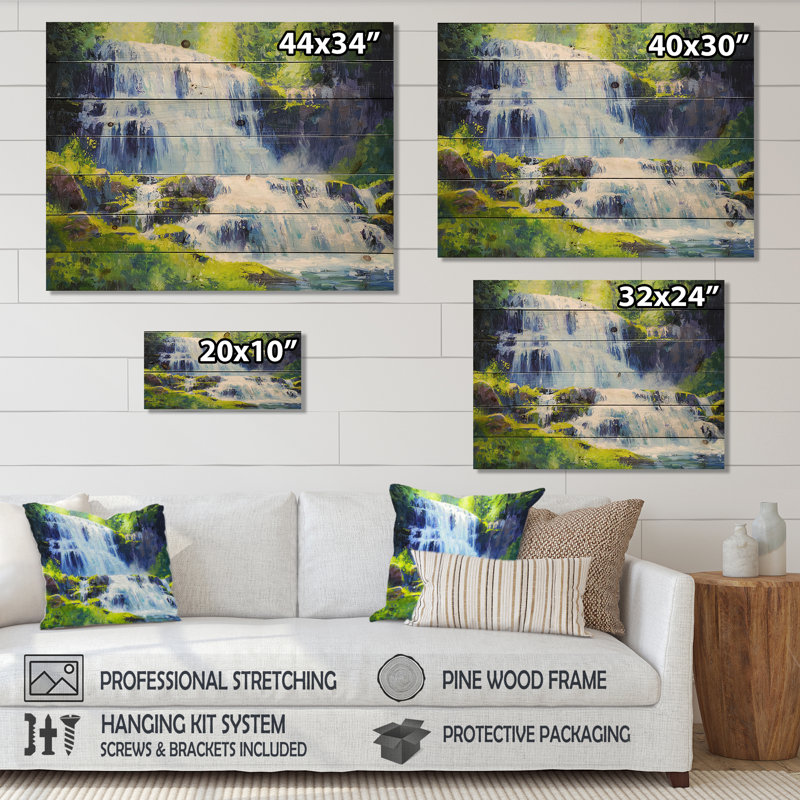 «Cascading Waters In Washington III», impression sur bois blanc traditionnel sur bois de pin naturel, H 10 po x l 20 po