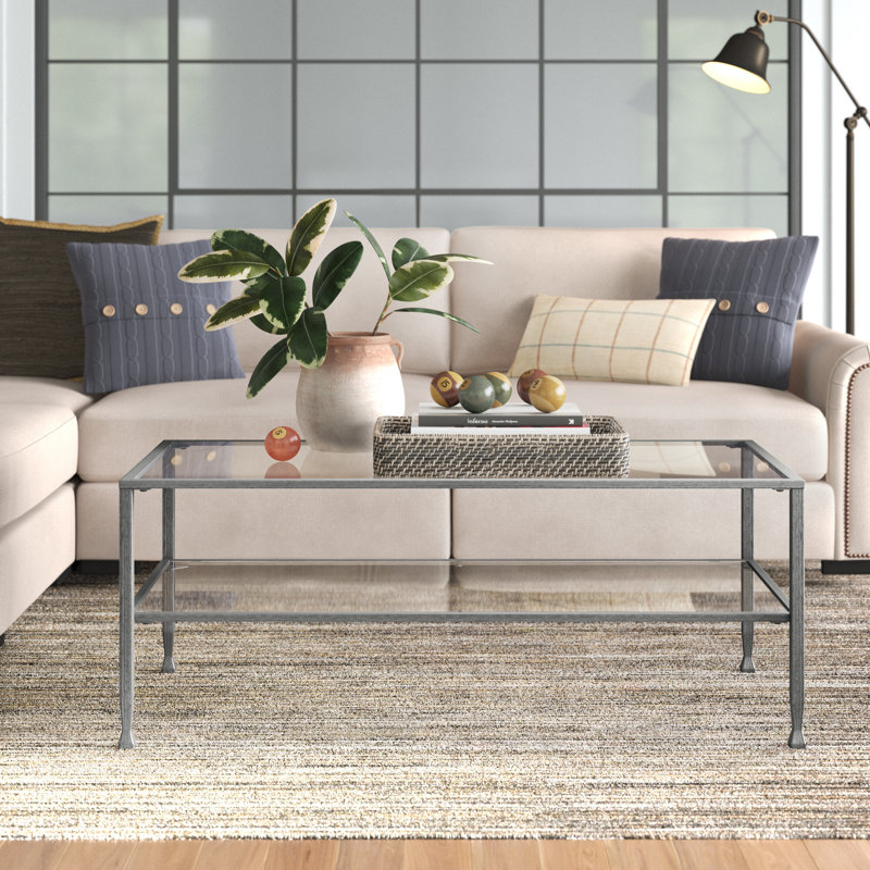 Jordyan Glass Top Coffee Table, Silver, 18.75" H x 48.25" W x 24.5" D