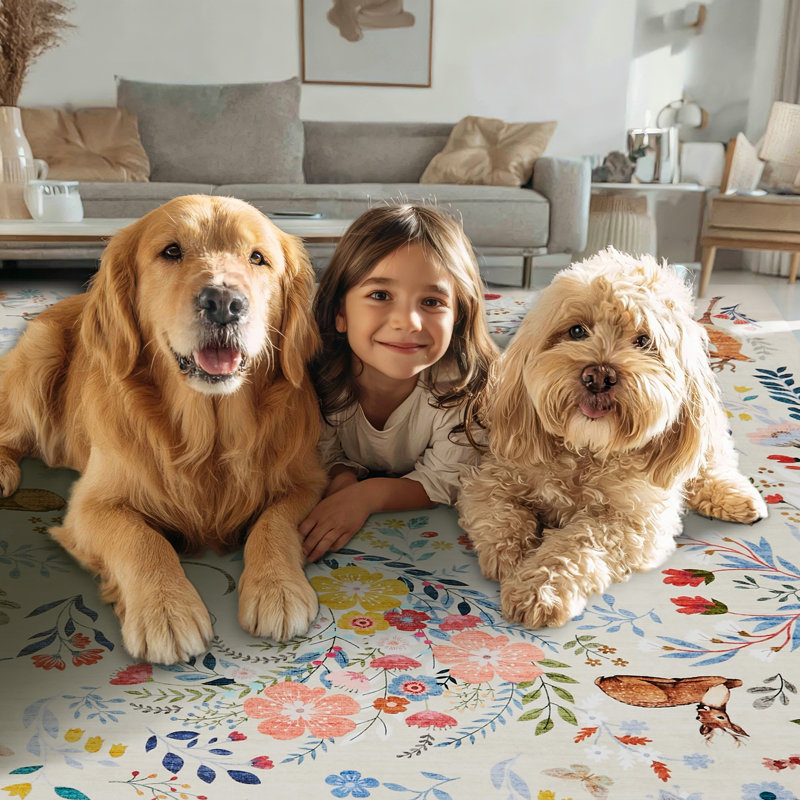 Washable Area Rug, Non-Slip Low Pile Stain Resistance Rug with Peacock and Deer, Animal Carpet for Living Room, Bedroom, Dining Room