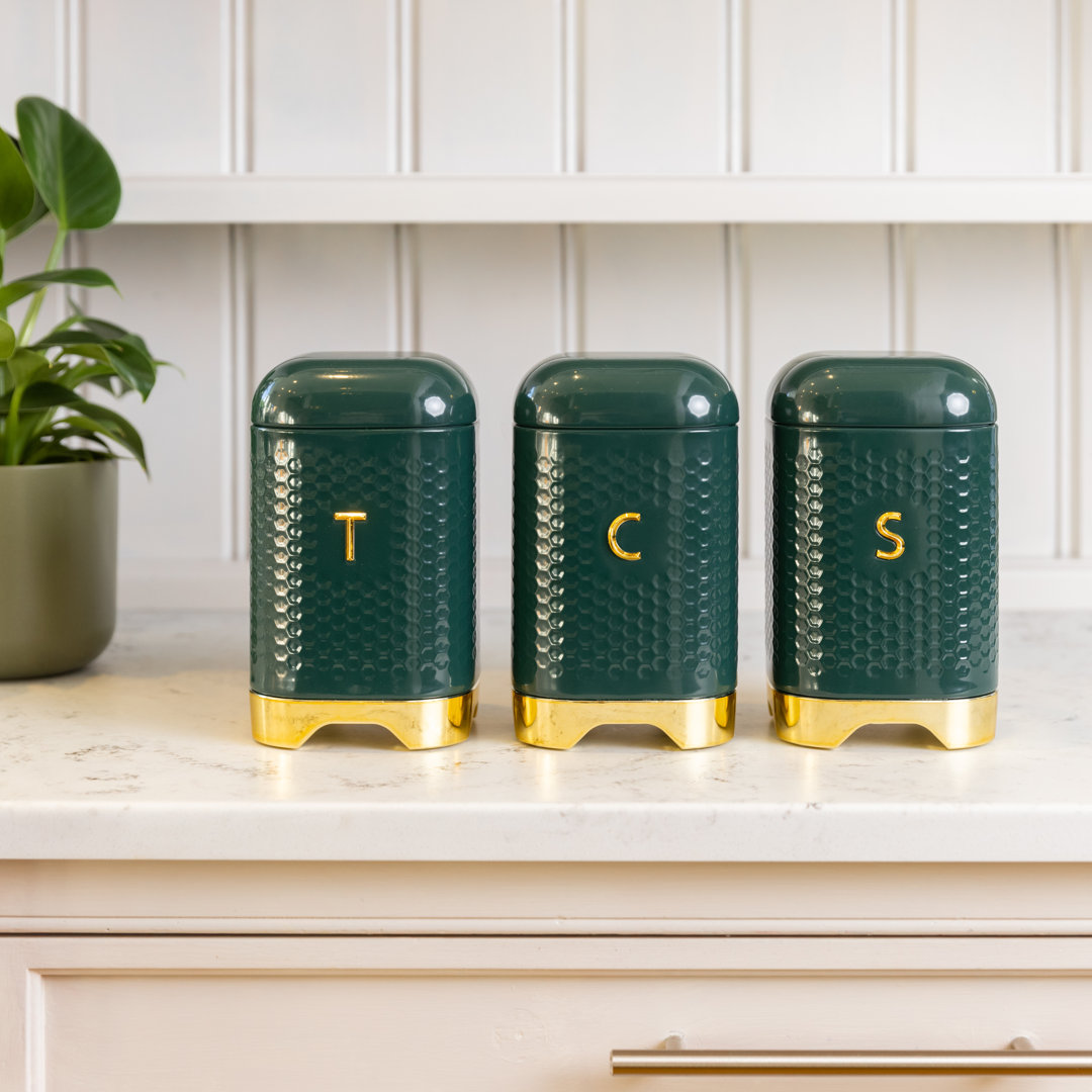 Kitchencraft Unisex Green Textured Geometric Tea Coffee Sugar Canisters Set - Image 4