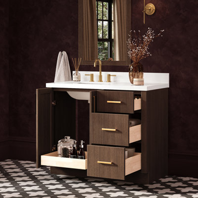 Meuble-lavabo rectangulaire simple décalé à gauche de 43 pouces avec comptoir en quartz blanc pur et revêtement en chêne brun de 1,5 pouce d'épaisseur