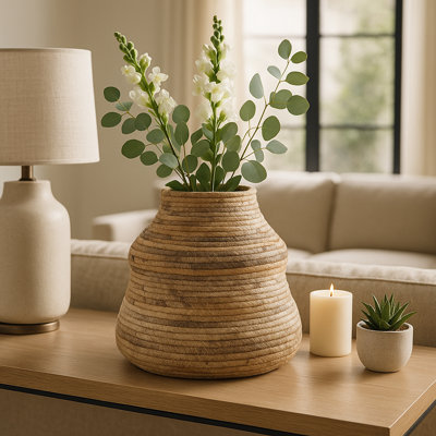 Rustic Woven Decorative Table Vase For Home Decor - Natural Fiber Tall Flower Vase For Mantels - Ideal For Shelves And Dining Table Vase - Tan/Brown