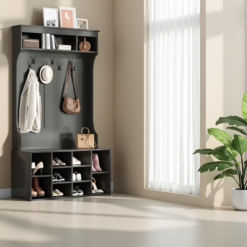 Arbre d'entrée 70,9 pouces avec banc et rangement pour chaussures pour la boue, banc de vestibule autoportant avec 7 portemanteaux et sièges, banc de vestibule réglable avec rangement pour chaussures