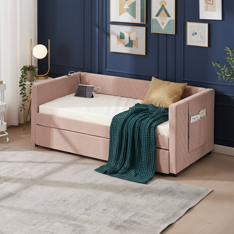   84" Wide Upholstered Daybed with Twin Trundle - V-Grained Velvet Sofa Bed with USB Charging and Storage Pockets, Pink