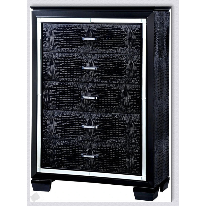 Commode à miroir contemporaine noire avec texture crocodile et poignées en croûte de diamant, cinq tiroirs pour un rangement luxueux