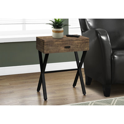 Table d'appoint en stratifié brun avec détails en métal noir et tiroir pour le compartiment de rangement des pieds de la chambre à coucher