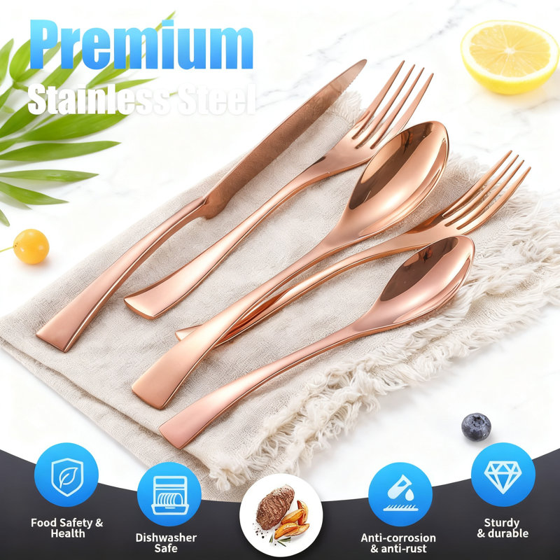 Ensemble de couverts 20 pièces en acier inoxydable pour 4 personnes, ensemble de couverts robustes 18/10 avec couteaux forgés, ensemble d'ustensiles moderne en or rose, va au lave-vaisselle
