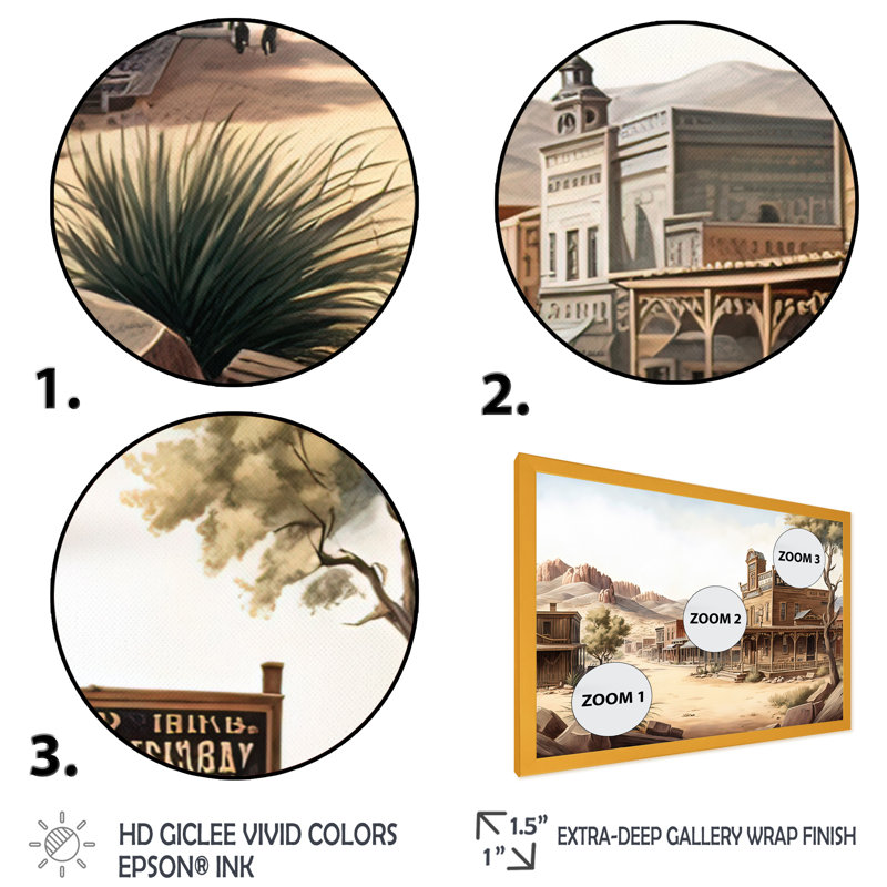Wild West Town III - art mural occidental, H 16 po x l 32 po x P 1 po, Encadrement doré