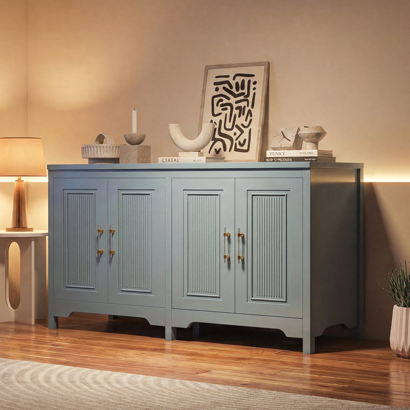 Green 4-Door Storage Cabinet With Adjustable Shelves – Modern Sideboard For Kitchen & Living Room, Blue