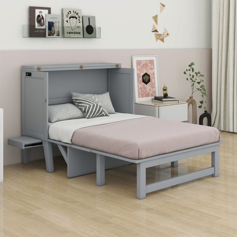 Lit escamotable avec port USB et tablettes amovibles de chaque côté, Gris, Grand