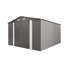 Abri de jardin en métal gris de 3 x 3,6 m avec double porte et fenêtres translucides, construction durable, grande ventilation, étanche, grille de rangement pour la neige.