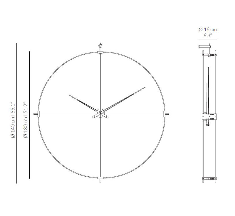 Large Black and Walnut Modern Wall Clock with Steel Mechanism