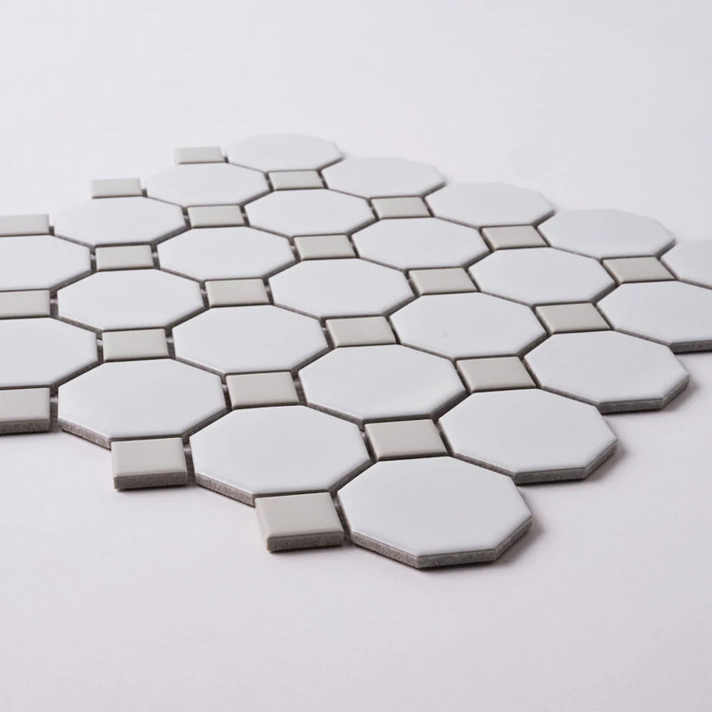 Matte 2x2" Gray Porcelain Octagon and dot 12x12 Mosaic - Wall & Floor Mosaic tile (set of 10 sheets), White Gray