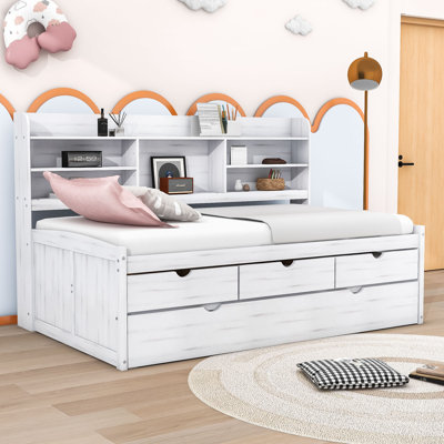 Amande Twin Wooden Captain Bed with Bookcase Headboard, Three Storage Drawers and Twin Trundle
