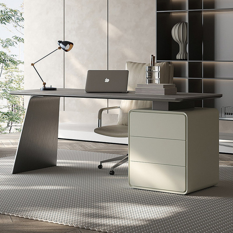 Bureau gris / beige fritté rectangulaire + bois manufacturé + bureau en acier inoxydable avec 3 tiroirs