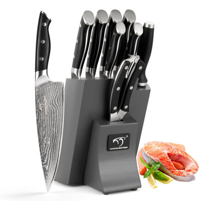 Ensemble de 9 couteaux de chef avec bloc en bois, gris