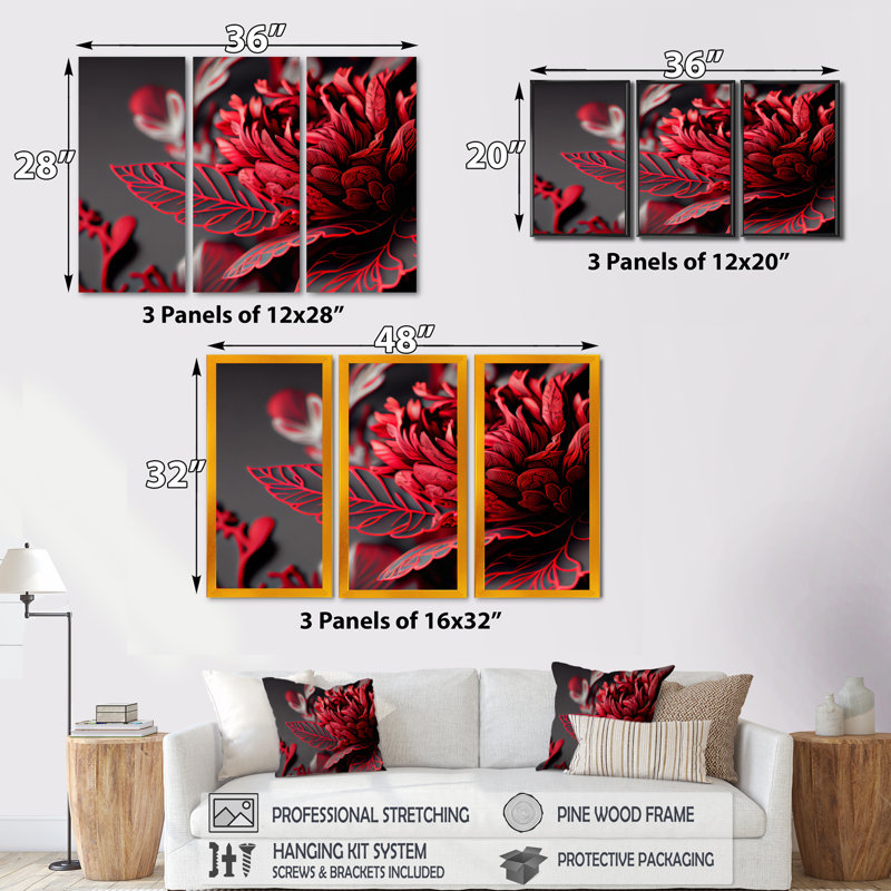 «Blossoming Rose in Red and Gray II», reproduction sur toile 3 pièces, Toile encadrée noire, H 28 po x l 36 po x P 1 po