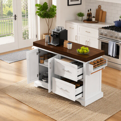 53" Large Kitchen Island with 3.5" Thick Desktop, Spice and Towel Racks, Rolling Kitchen Island with Storage on 5 Wheels, 2 Extra-large Drawers, for H