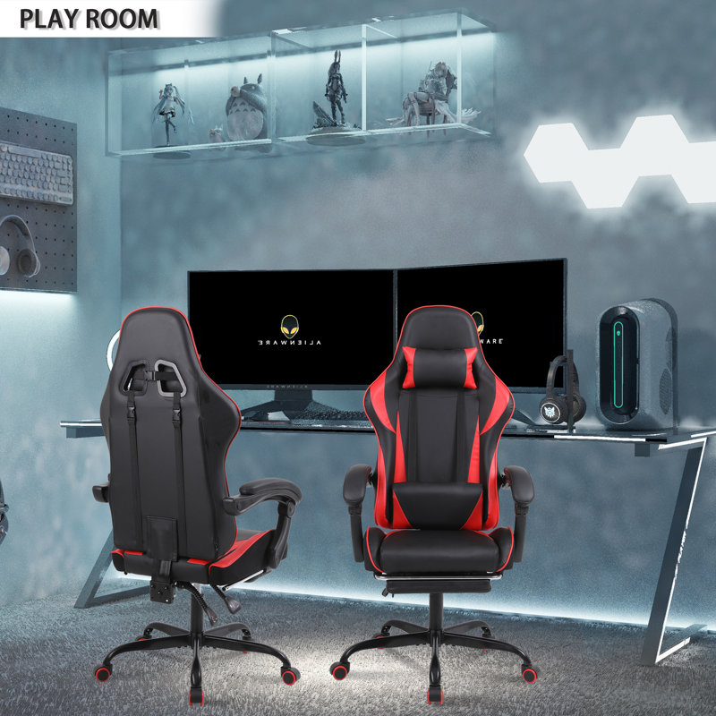 Ebern Designs Adjustable Reclining Ergonomic Faux Leather Swiveling PC & Racing Game Chair with Footrest, Red/Black