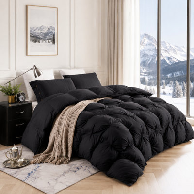 All-season Pinch Pleat Goose Feather & Down Comforter Soft-Cotton Duvet Insert, 120x98inches , Black