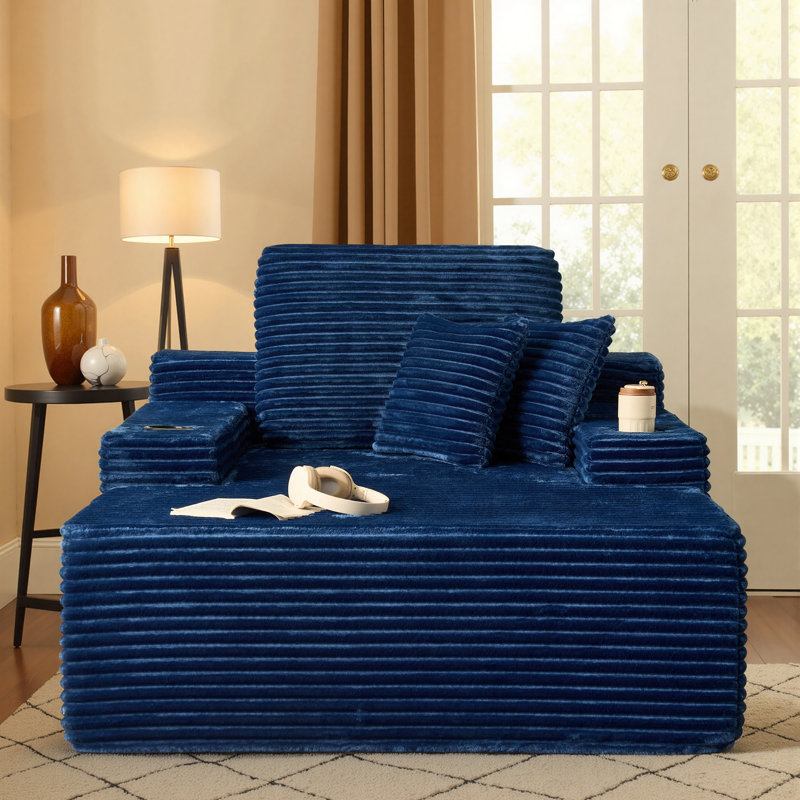 48.42'' Wide Oversized Upholstered Chaise Lounge Chair With Armrests, Pillows, And Cup Holder – No Assembly Required