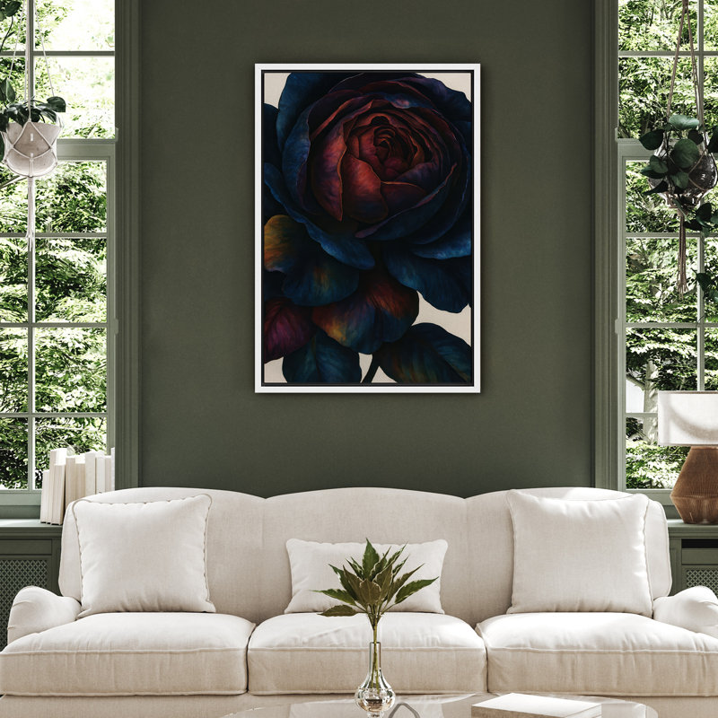 Art floral sur toile encadré rouge profond et rose bleue, H 36 po x l 24 po, Blanc