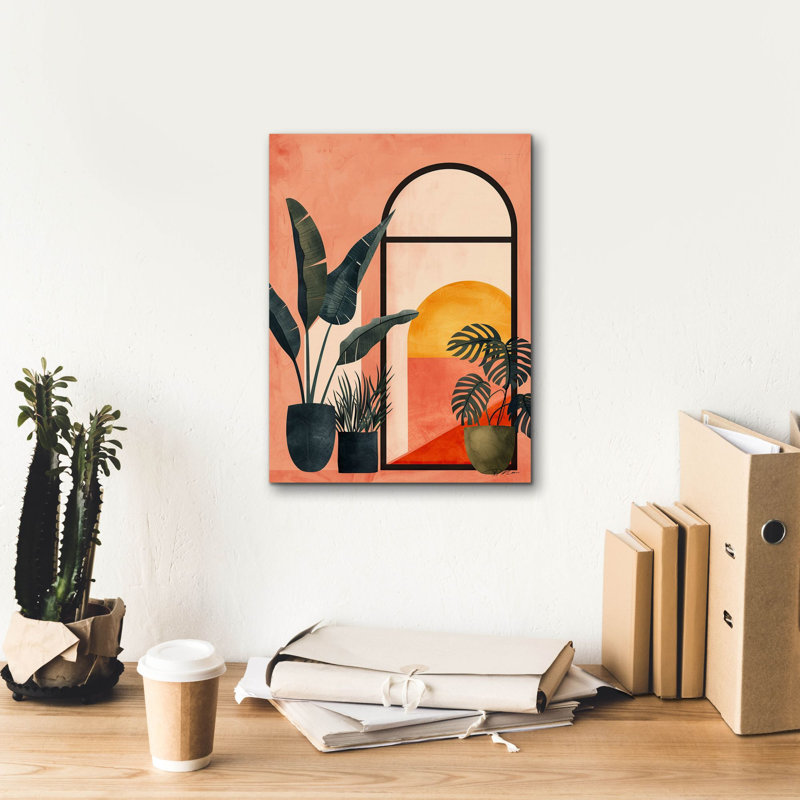 «Pink Midcentury Original Exclusive Geometric Moon And Sun 3» par Momart, art mural sur toile, H 16 po x l 12 po x P 0,75 po